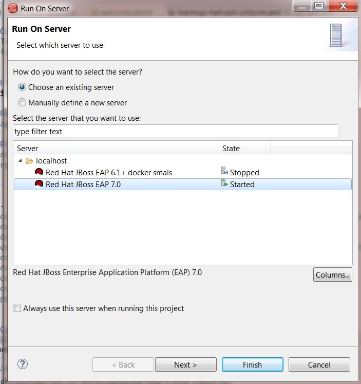 jboss WTP run on server